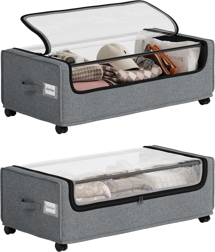 Under Bed Storage, Tall Size Under Bed Storage With Wheels, Under bed Shoe Storage, Metal Frame, 90L Capacity, Storage Drawers for Bedroom