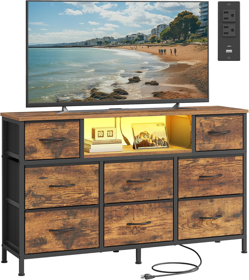 SONGMICS Dresser for Bedroom with Outlets & LED Lights, 8 Fabric Drawers