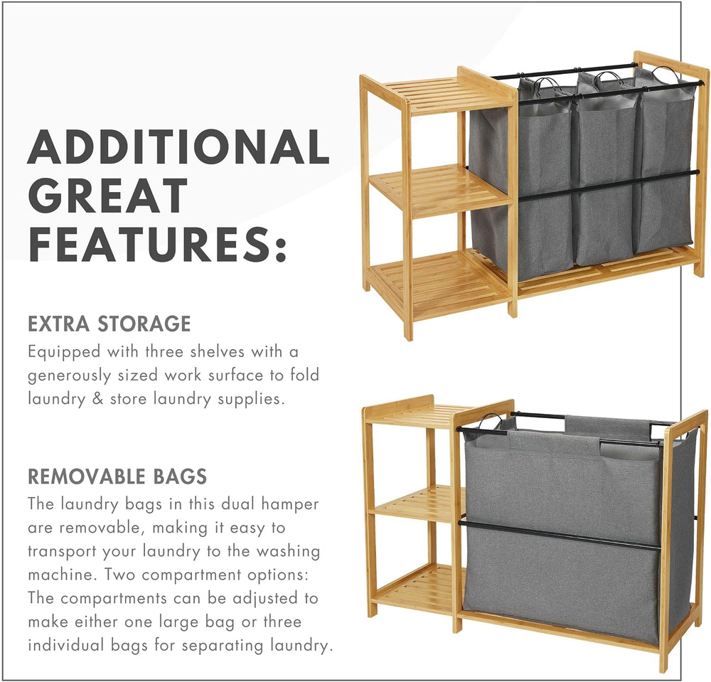 Bamboo Laundry Hamper with Shelves - Freestanding Laundry Hamper Basket Table...