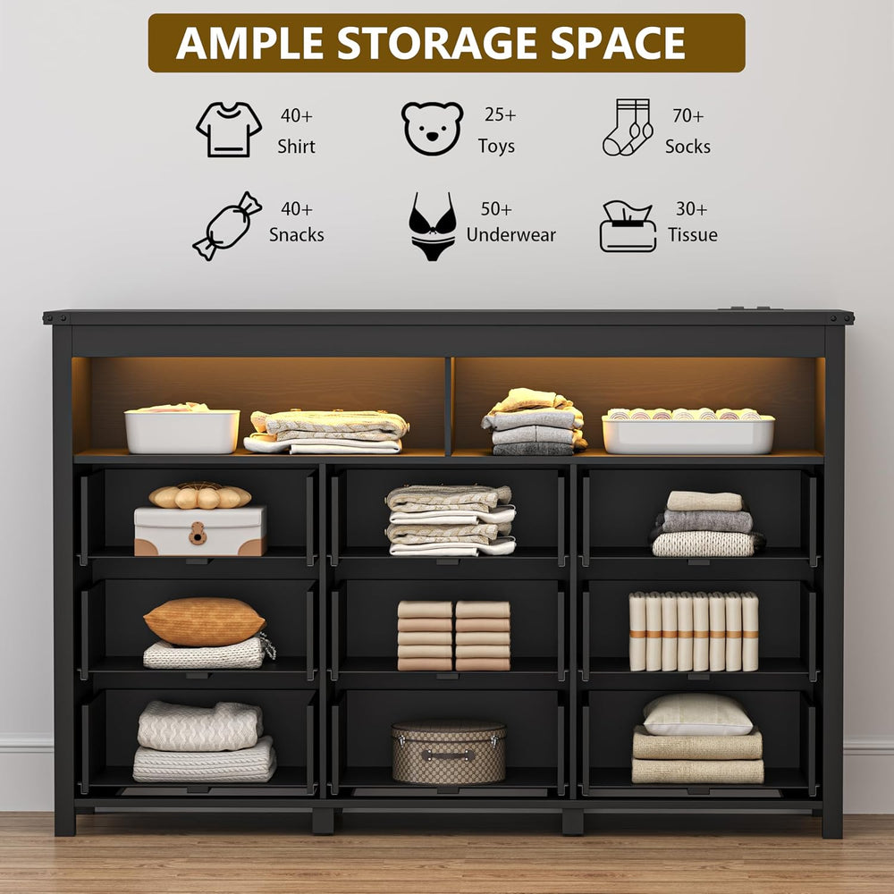 Xixini Dresser for Bedroom with 9 Drawers, LED Lights, Power Outlet, Black