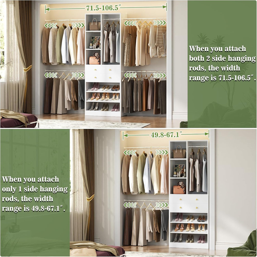 Besiost Closet System, 4.2–8.8 FT Closet Organizer with 2 Wooden Drawers and ...