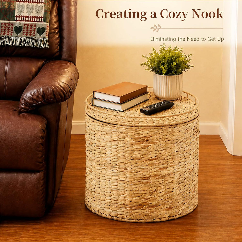 Round Water Hyacinth Storage Ottoman with Lid
