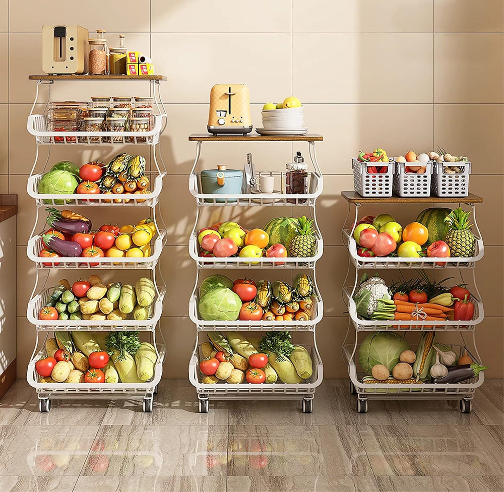 MURRI&MURRDI Fruit Vegetable Storage Basket with Wooden Lid, 6 Tier Stack...