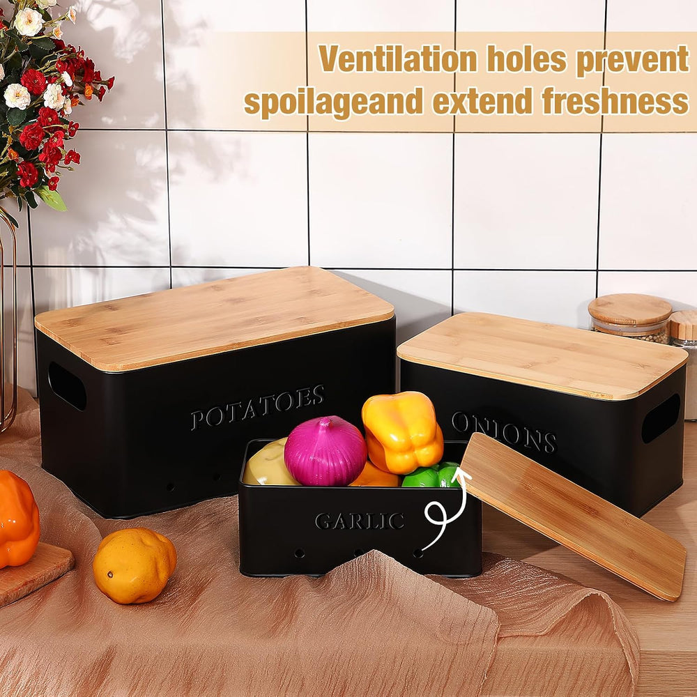 Honeydak 3 Pcs Metal Potato Onion Garlic Storage Bins Set Black
