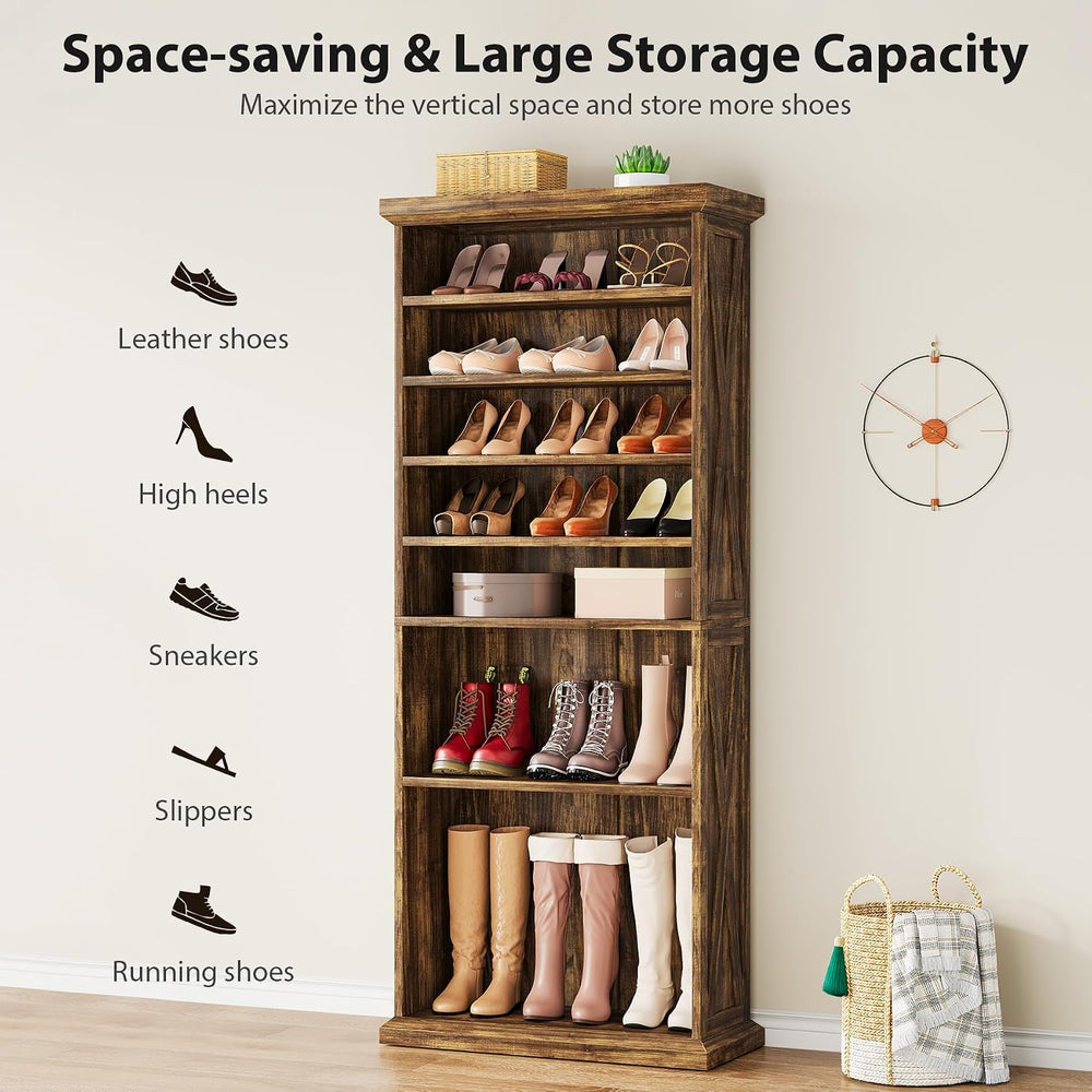 10-Tier Wooden Shoe Rack with 8 Adjustable Shelves, Rustic Brown
