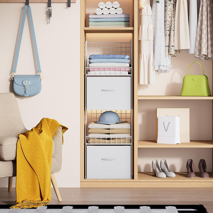 4-Tier Stackable Closet Organizers with 2 Drawers, Foldable Closet Shelf Organizer System and Storage Shelves, Stackable Storage Bins Drawers for Closet Organizer System, White(Patent Pending)