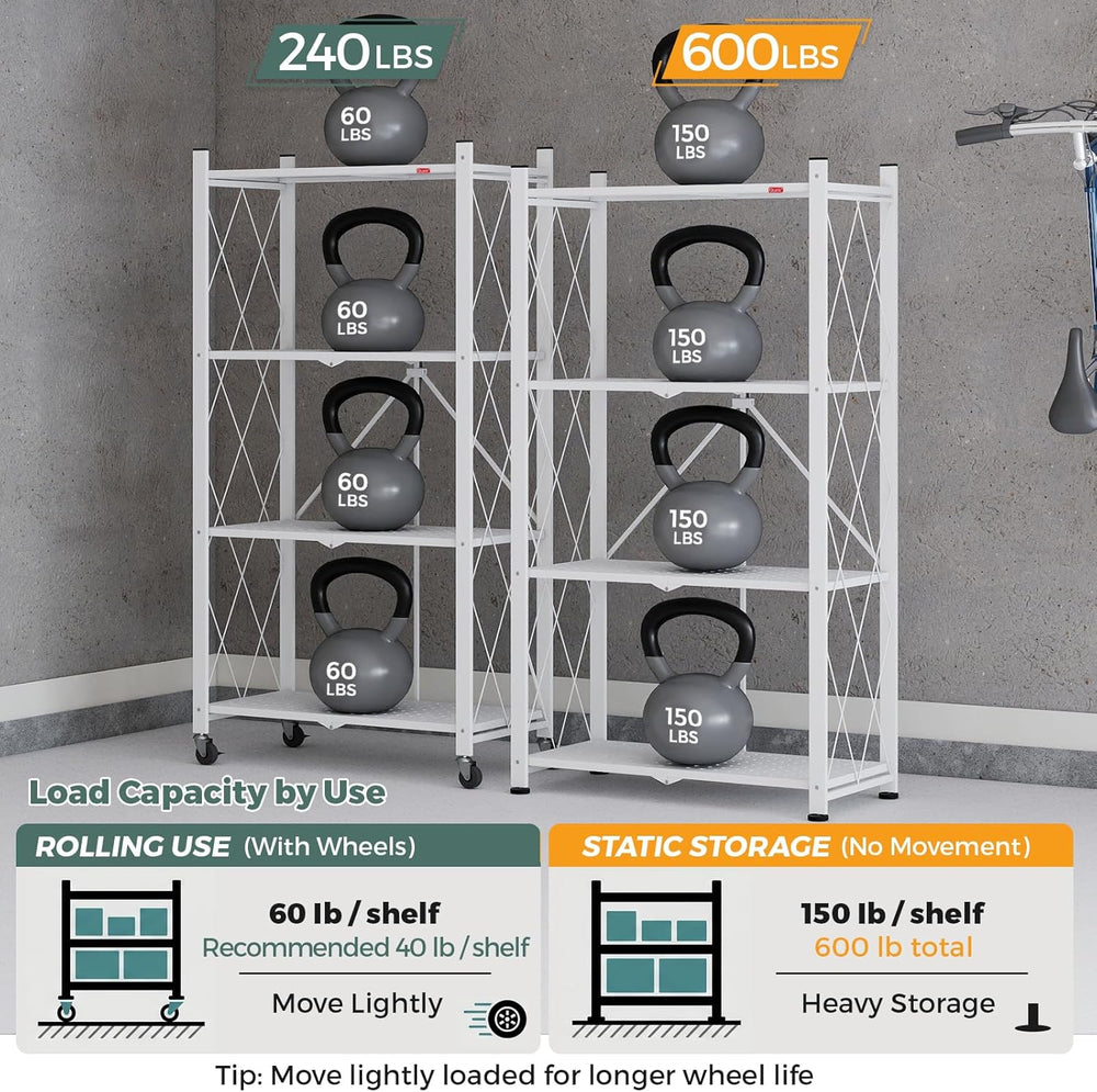 DEANIC 4 Tier Foldable Storage Shelves with Wheels, Large Capacity Shelving U...