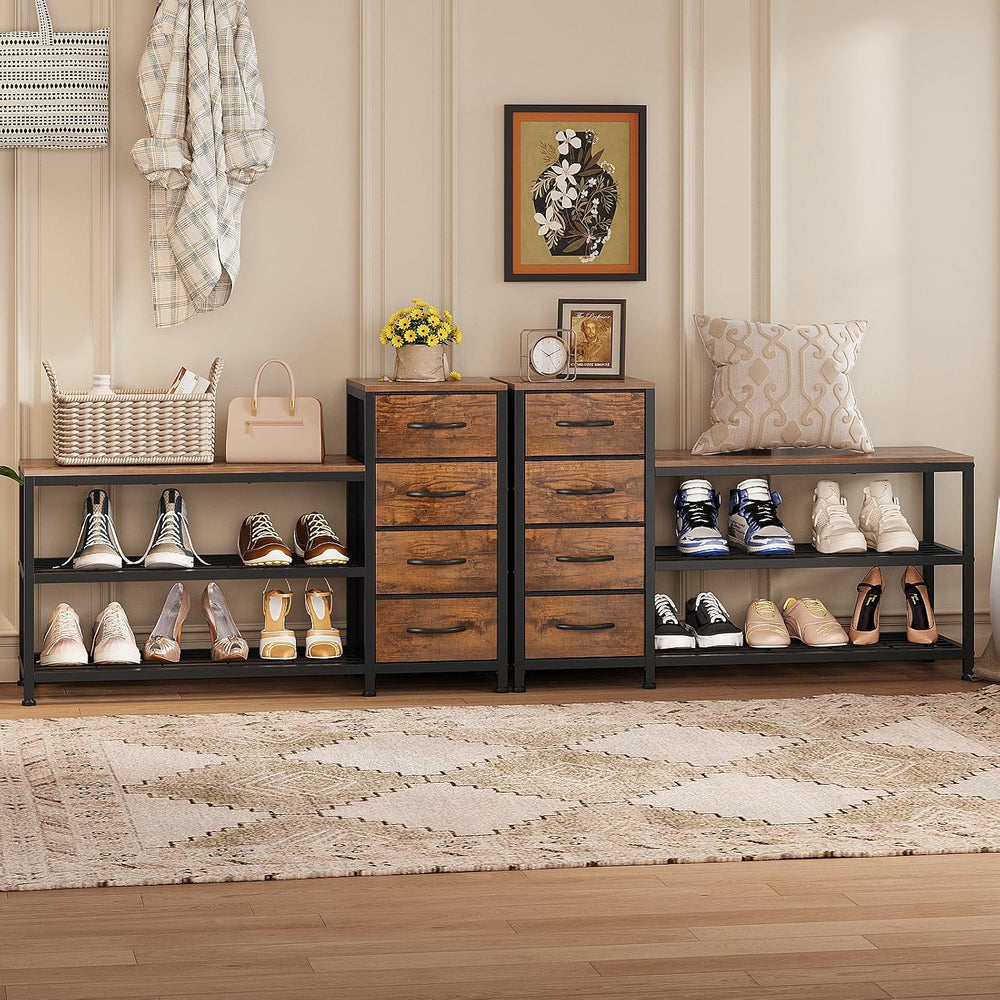 EXOTICA Industrial Shoe Storage Bench with 4 Drawers & Seat, Rustic Brown