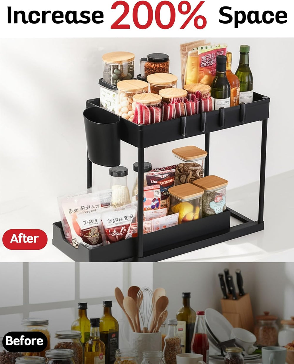 2 Tier Under Sink Organizer with Sliding Drawer, Pull Out Cabinet Storage Rac...