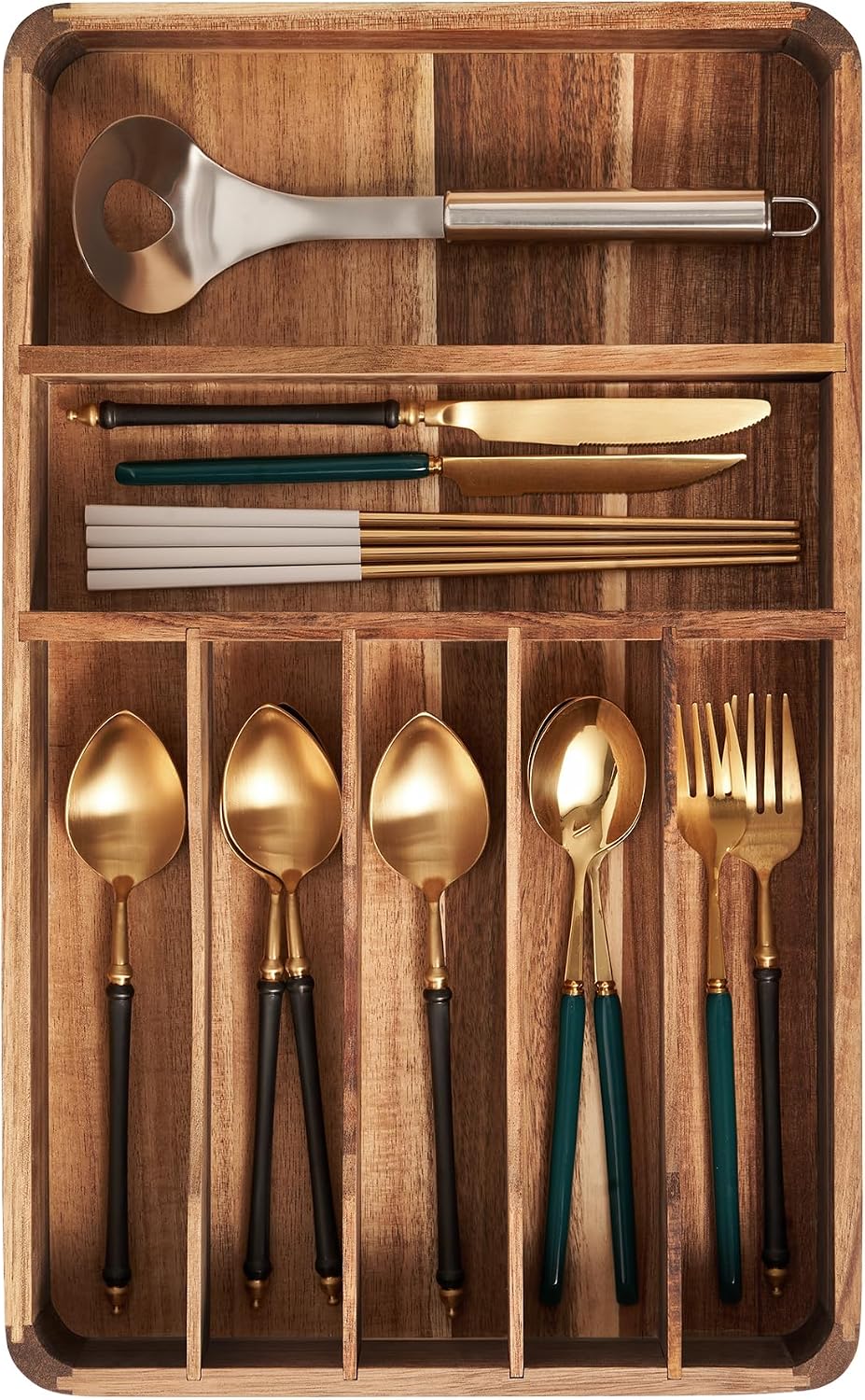 Silverware Drawer Organizer, Acacia Wood Tray for Cutlery & Flatware | Fi...