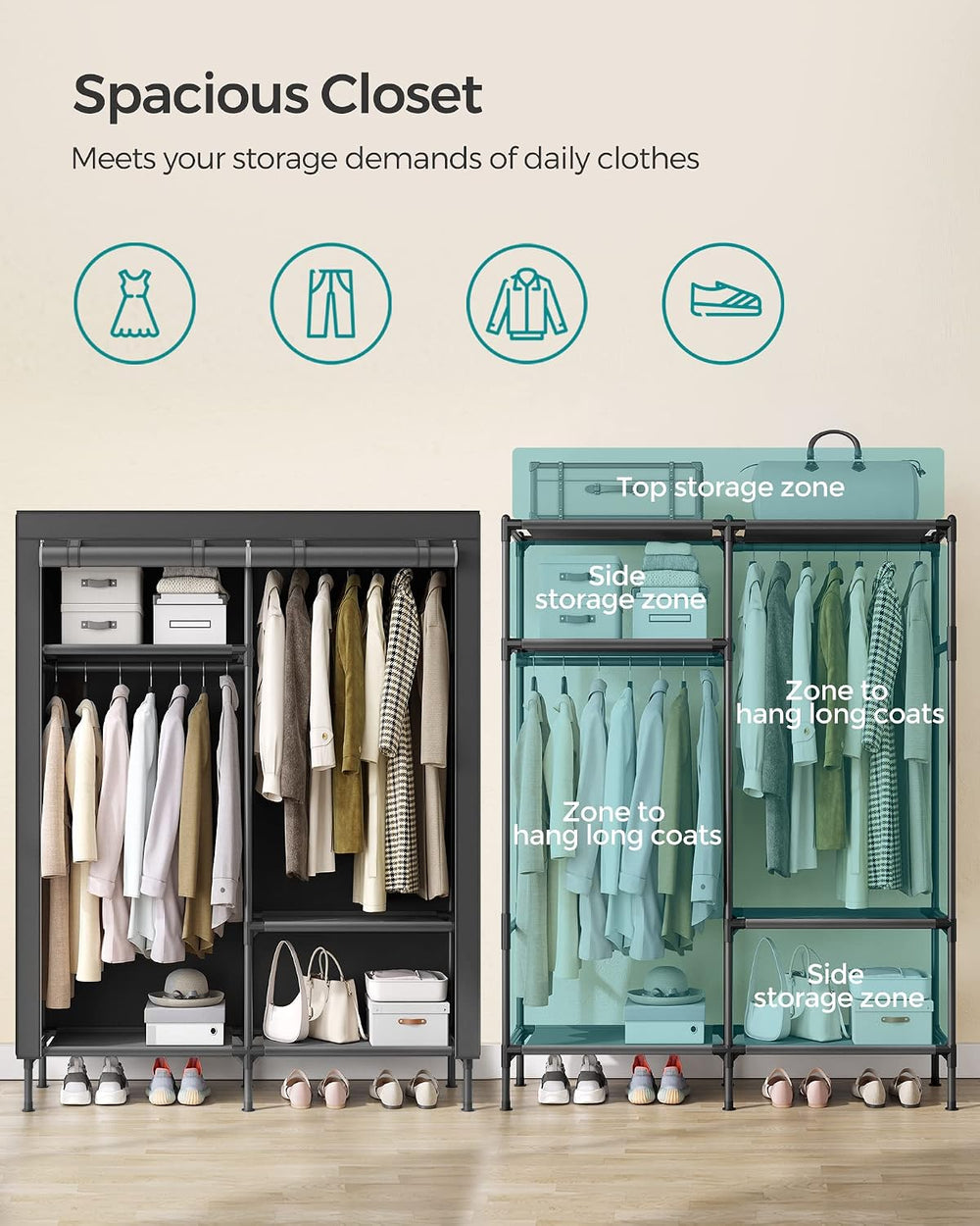 SONGMICS Clothes Rack, Heavy-Duty Wardrobe Closet Organizer