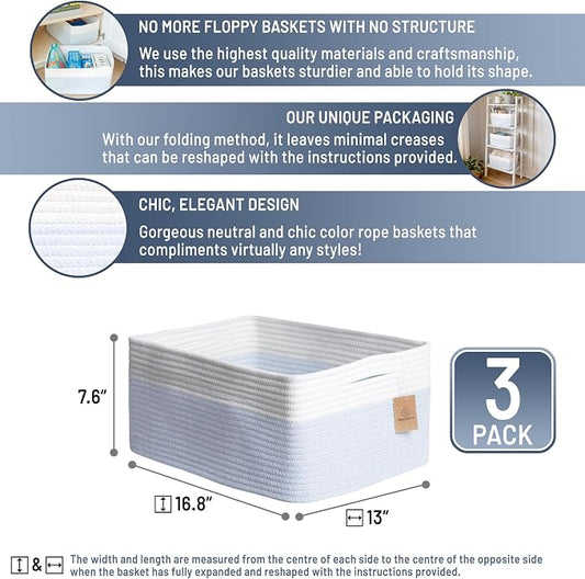 NaturalCozy Storage Baskets 16.8”x13”x7.6” Cotton Rope Woven Baskets - Image 2
