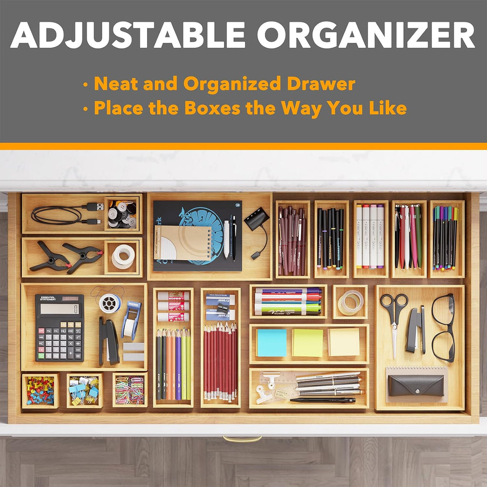 SpaceAid 21-Piece Bamboo Drawer Organizer Storage Boxes Set, Wood Tray Junk D...