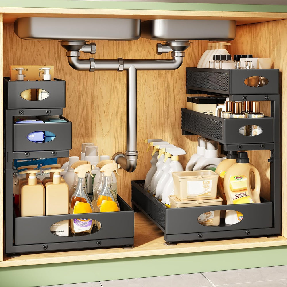 Kitstorack Under Sink Organizer 3-Tier Slide Out Drawer 2-Pack Black