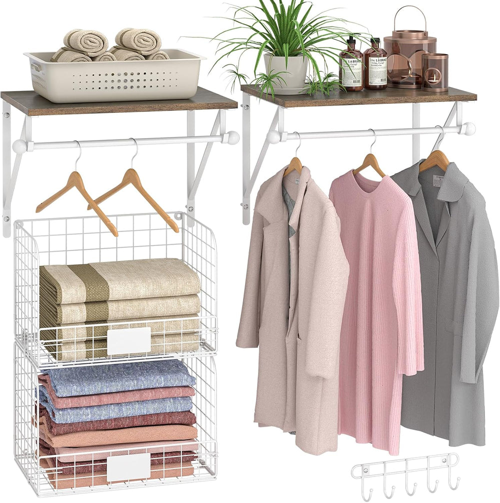 DAOUTIME 2 Set Laundry Room Wall Mounted Shelves With Wire Storage Baskets, O...