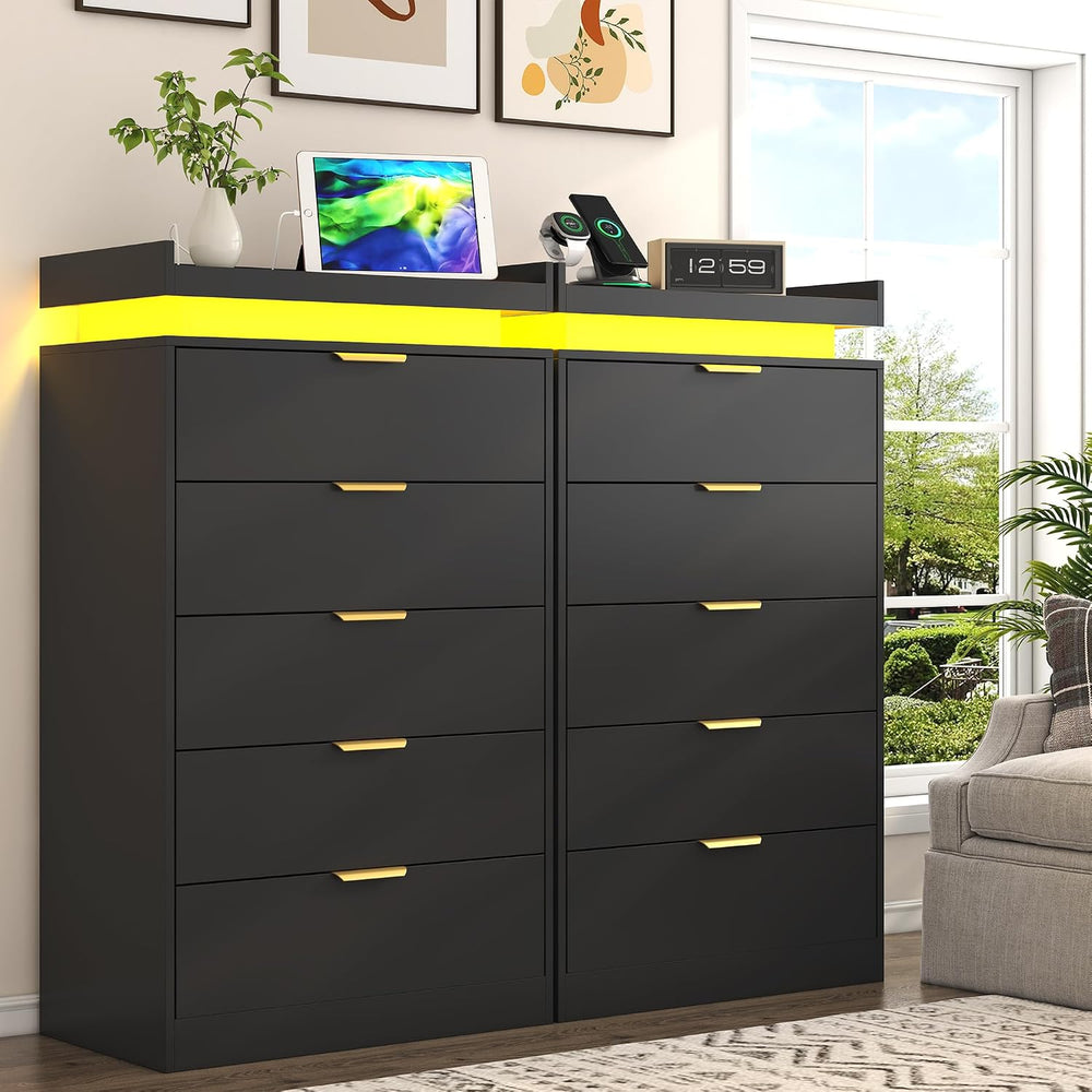 UNIQUITE Tall Dresser for Bedroom, Black Dresser with LED Lights, Wood 5 Draw...