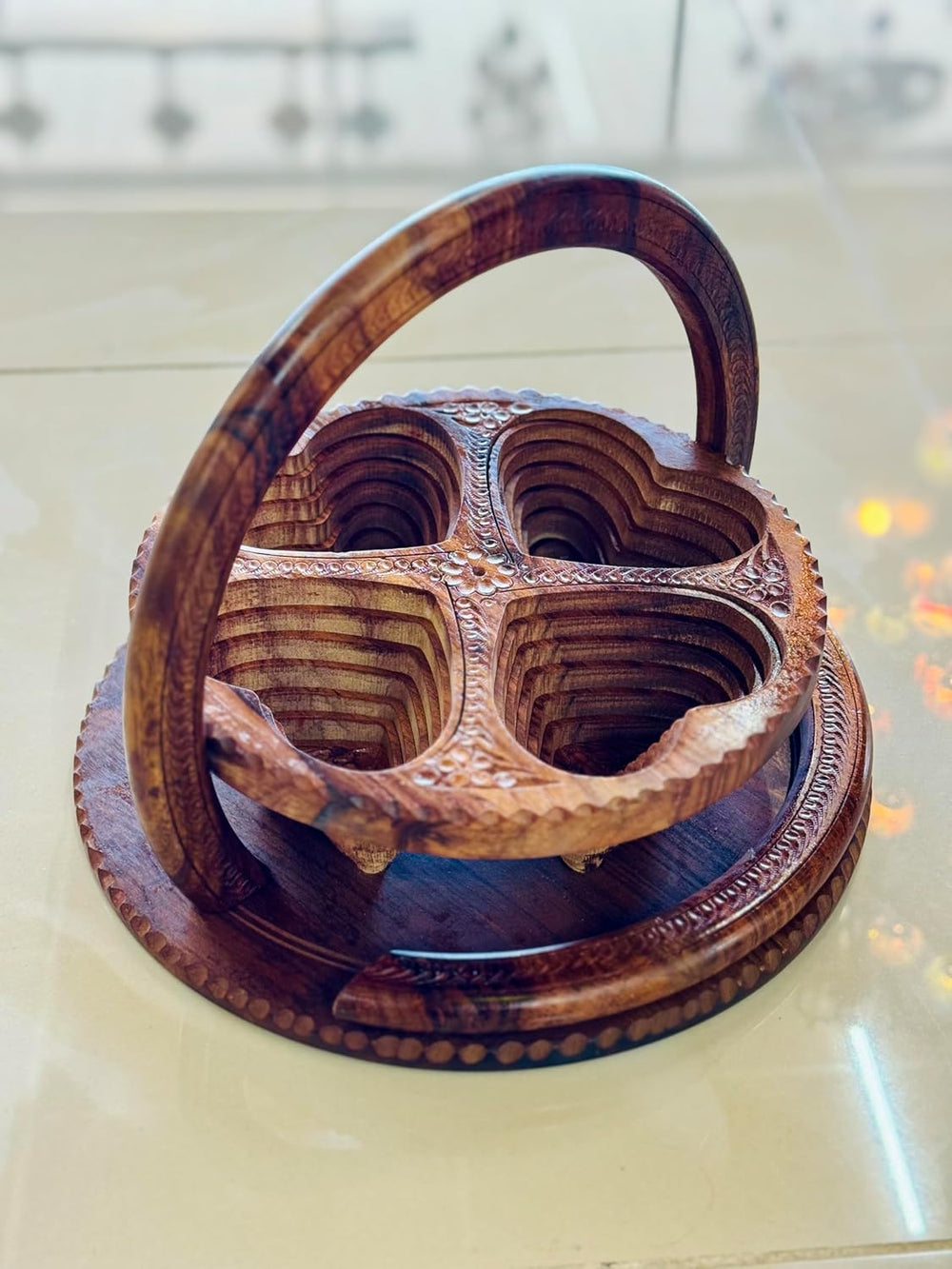 Handmade 12″ Collapsible Wooden Basket, 4-Compartment Heart Design in Himalay...