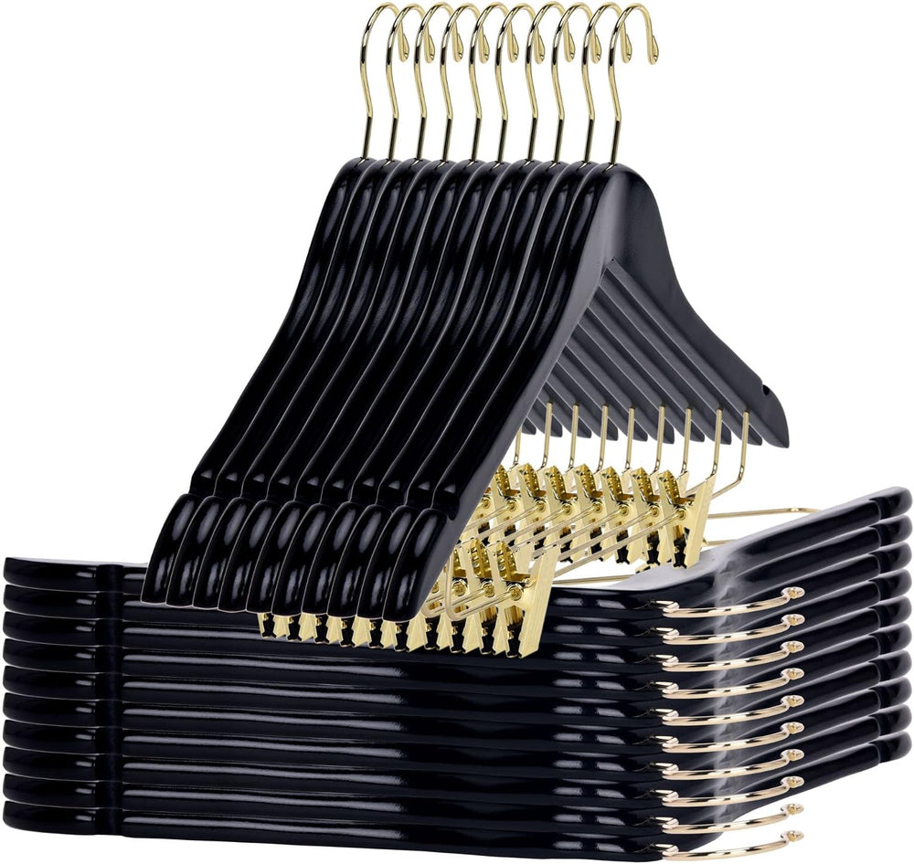 Quality Black Wooden Skirt Hangers with Clips, 20-Pack Smooth Solid Wood Pant...