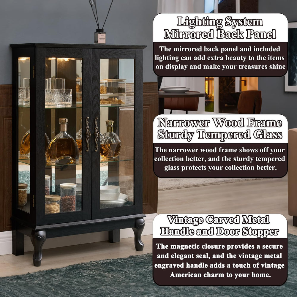 43" H Lighted Wooden Curio Cabinet, Freestanding Glass Display Case with...