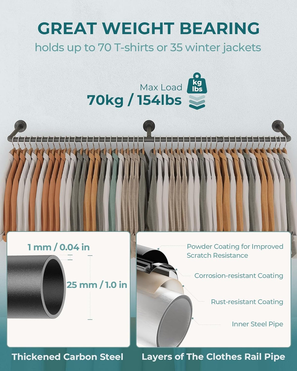 OROPY 65.7" Heavy Duty Industrial Pipe Clothes Rack for Hanging Clothes 2PK