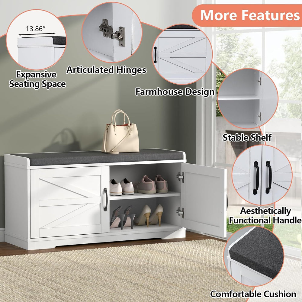 Loomie Shoe Storage Bench, 2-Tier Farmhouse Entryway Bench with Padded Seat C...