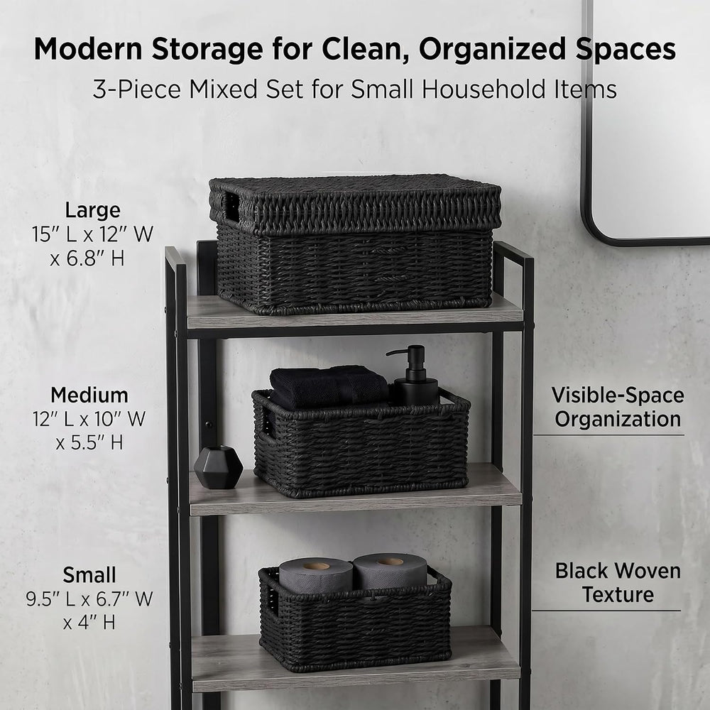 Wicker Storage Basket with Lid for Shelves, 3-Basket Set, Black