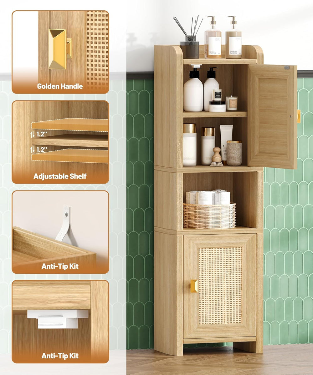 Akxomel 9.8''W Rattan Small Bathroom Storage Cabinet 2 Doors Oak