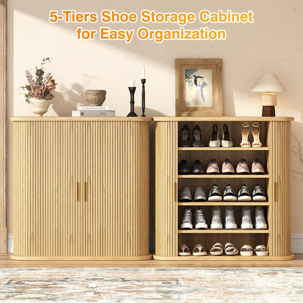 UNIQUITE 5-Tier Sliding Door Shoe Cabinet, Adjustable Shelves Wooden Shoe Sto...
