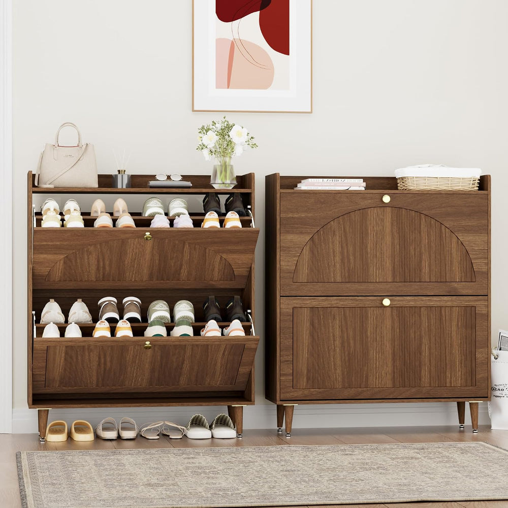 Shoe Storage Cabinet with 2 Flip Drawers (Walnut, 2 Flip Drawers)