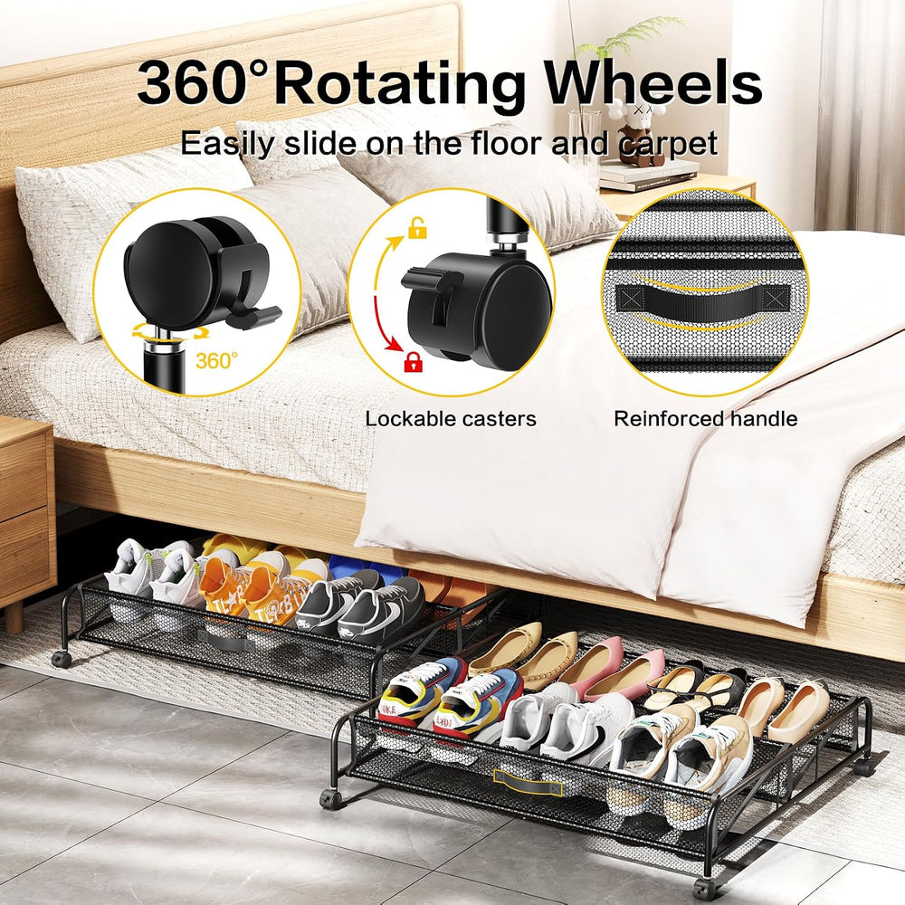 Under Bed Shoe Storage Organizer, 2 Pack Under Bed Storage Containers with Wh...