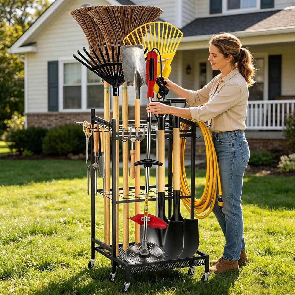 Garden Tool Organizer Rack with Wheels Up to 30-35 Tools, Heavy-Duty Steel Ya...