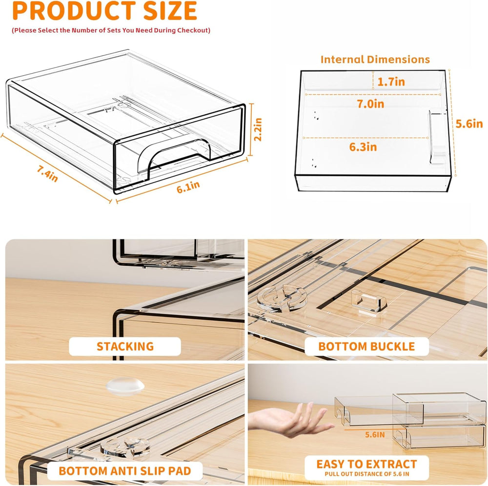 2.2'' Tall Acrylic Clear Stackable Storage Drawer Organizer,8 Pack De...