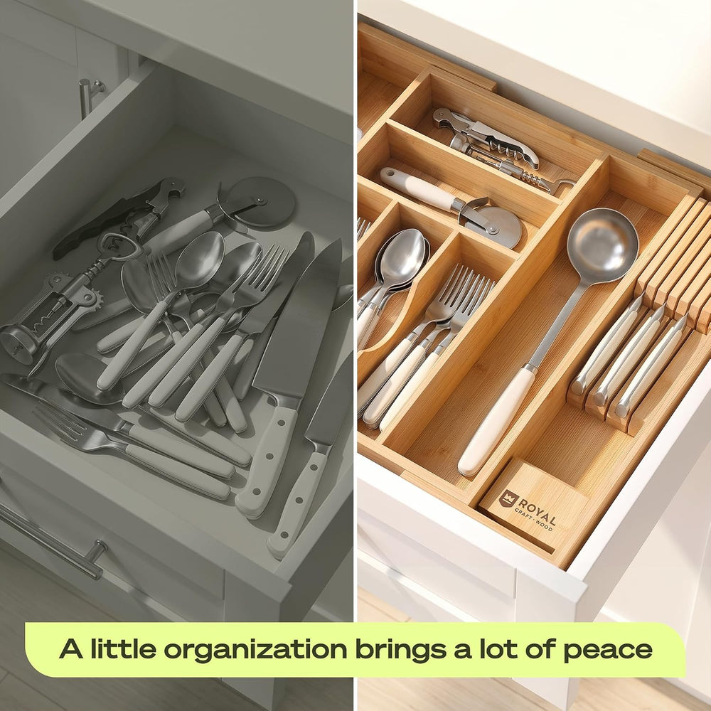 Drawer Organizer for Kitchen Organization – Expandable Bamboo Silverware Draw...