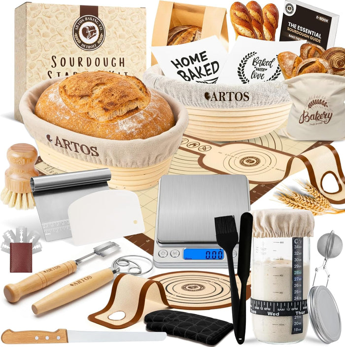 ARTOS ULTIMATE Sourdough Starter Kit | Banneton Bread Proofing Baskets with Bread Making Tools | Sourdough Bread Baking Supplies with Silicone Slings, Mat, Whisk, Scrapers Lame, Jar