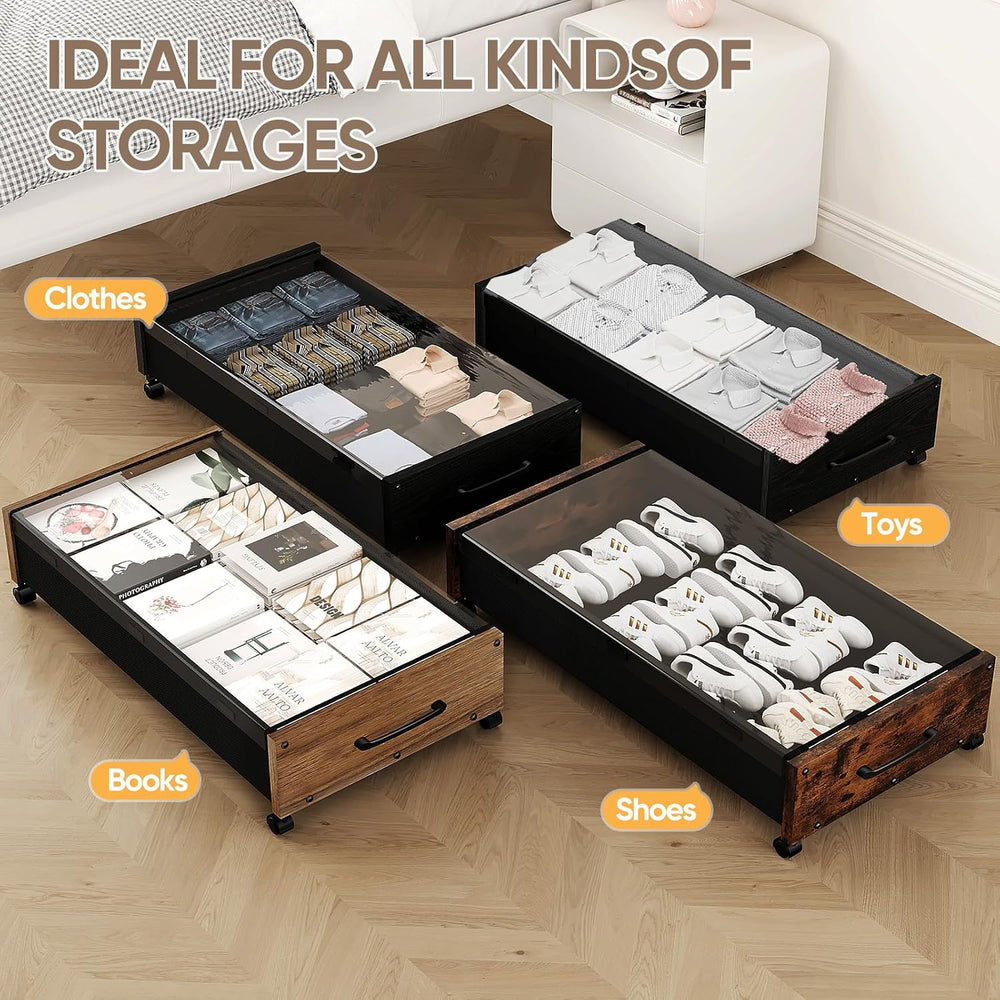 KITHELP Wooden Under Bed Storage with Wheels, Rolling Under the Bed Storage B...