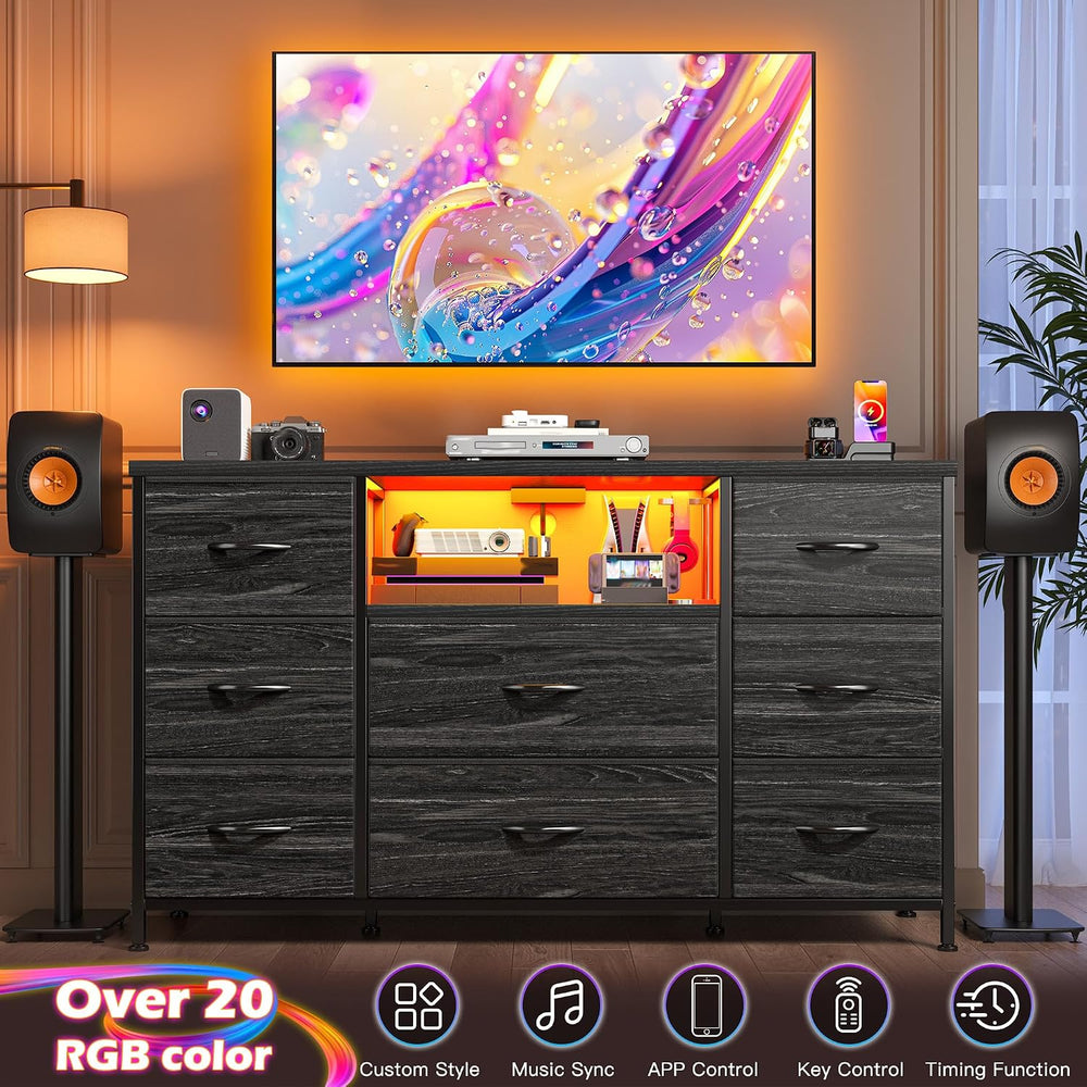 EnHomee Black Dresser for Bedroom with LED Lights & Charging Station