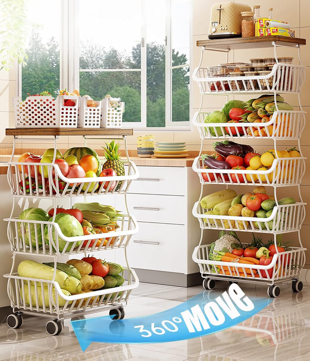 MURRI&MURRDI Fruit Vegetable Storage Basket with Wooden Lid, 6 Tier Stack...