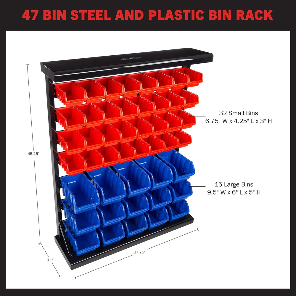 47-Bin Garage Organization Rack (15 Large, 32 Small) - Tabletop or Wall Mount...