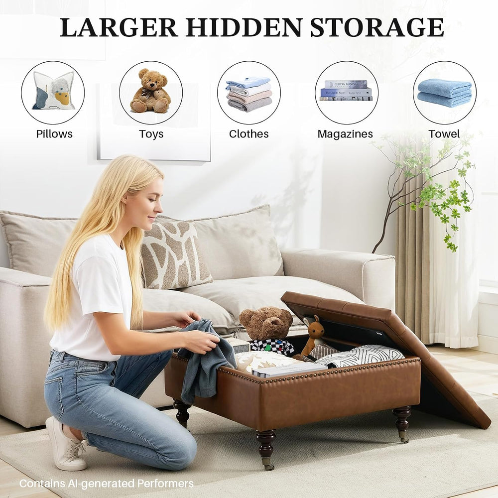 Square Ottoman Coffee Table, Large Leather Ottoman with Storage