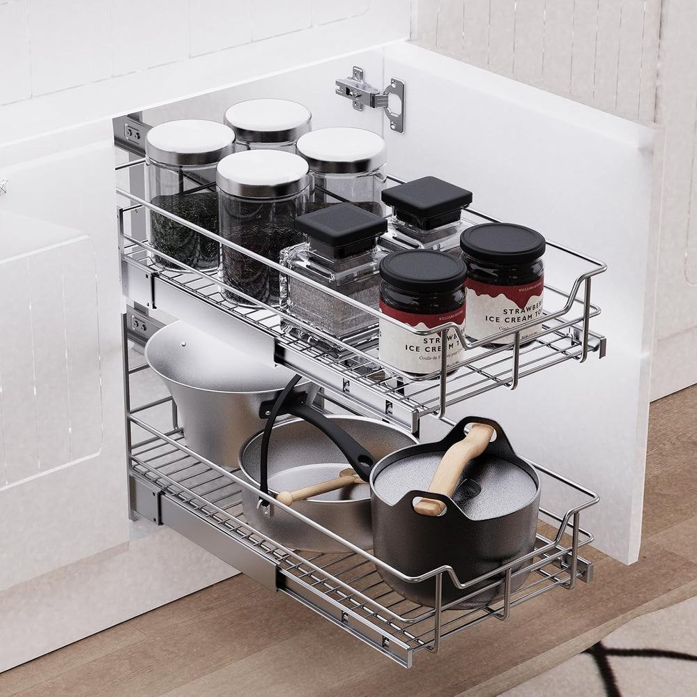 2 Tier Pull Out Cabinet Organizer 11" W X 22" D, Chromed, Full Slid...
