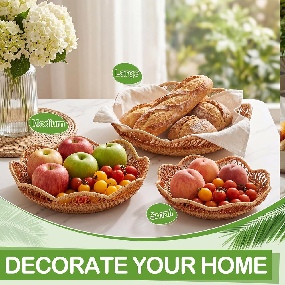 3 Pcs Rattan Bread Fruit Basket for Serving, Wicker Bread Tray Woven Round Fr...