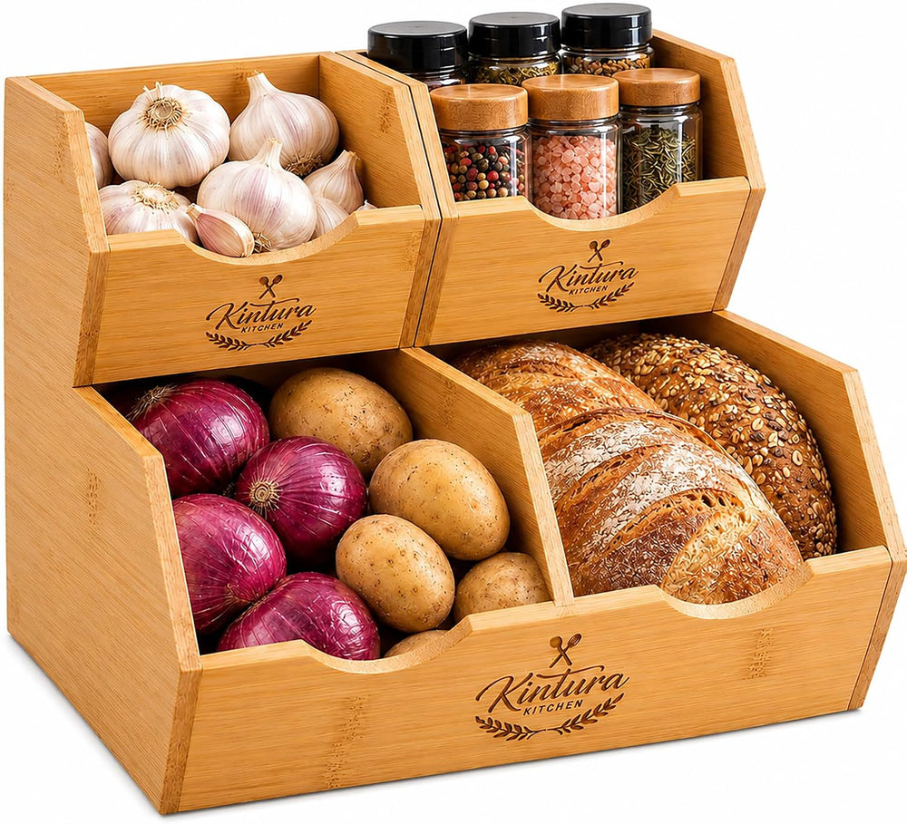 Stackable Bamboo Pantry Storage Bins, Potato Onion Storage Organizer, 3-Tier ...