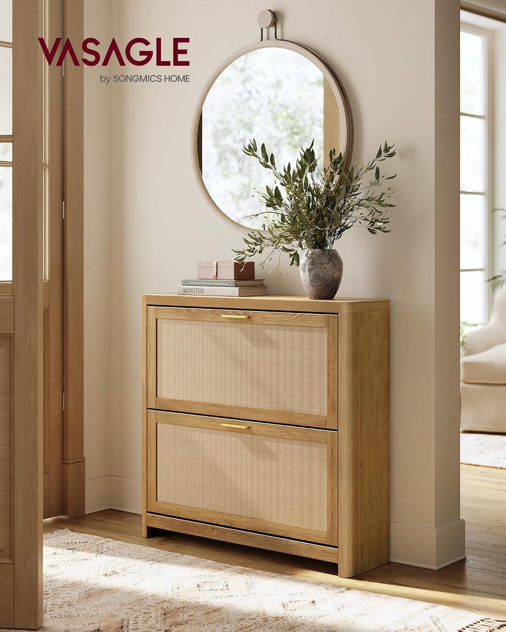VASAGLE Boho Shoe Storage Cabinet, Slim, Rattan-Look Flip Drawers