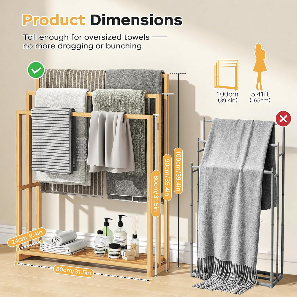 Bamboo Towel Rack Stand, 3 Tier Freestanding Bathroom Towel Drying Rack