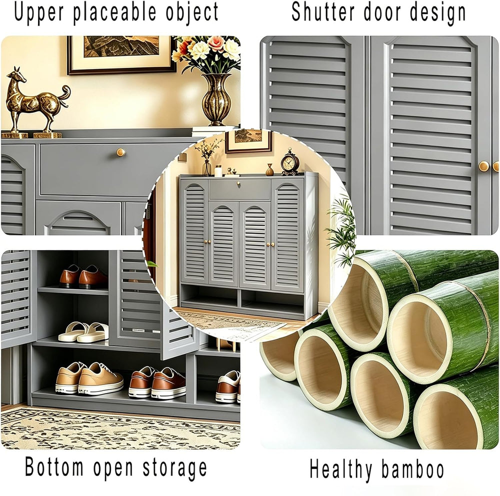 7-Tier Bamboo Shoe Cabinet, Shoe Storage Organizer with Louvered Doors and Dr...