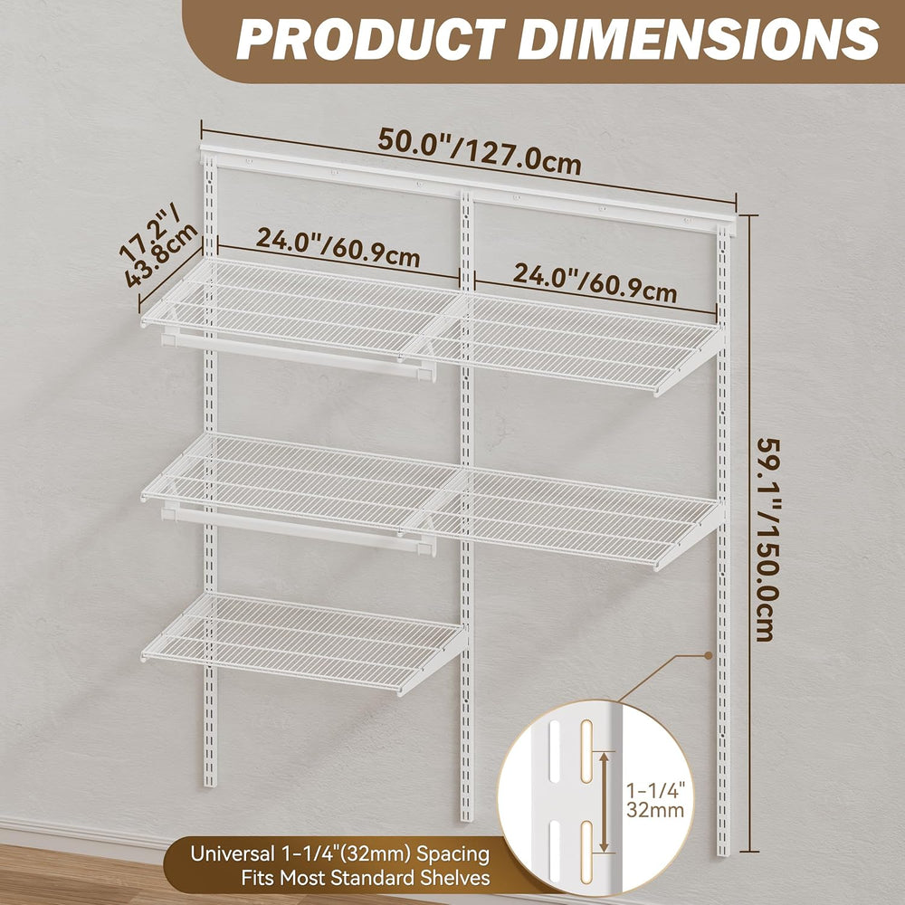 Wall Mounted Wire Closet System, White, 2-4Ft