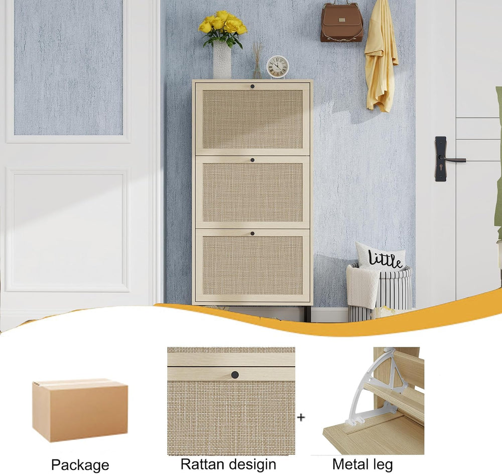 Rattan Shoe Cabinet with 3 Flip Drawer Slim Narrow Shoe Rack Cabinet with Sto...