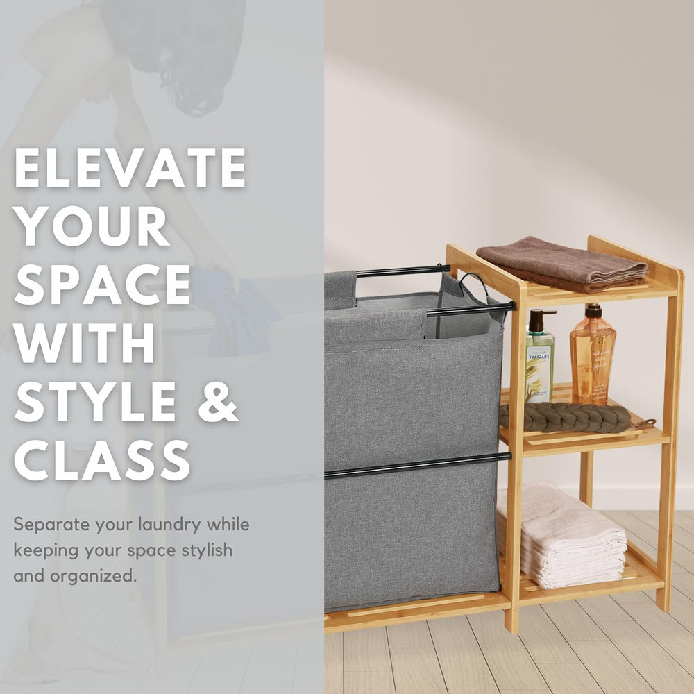 Bamboo Laundry Hamper with Shelves - Freestanding Laundry Hamper Basket Table...