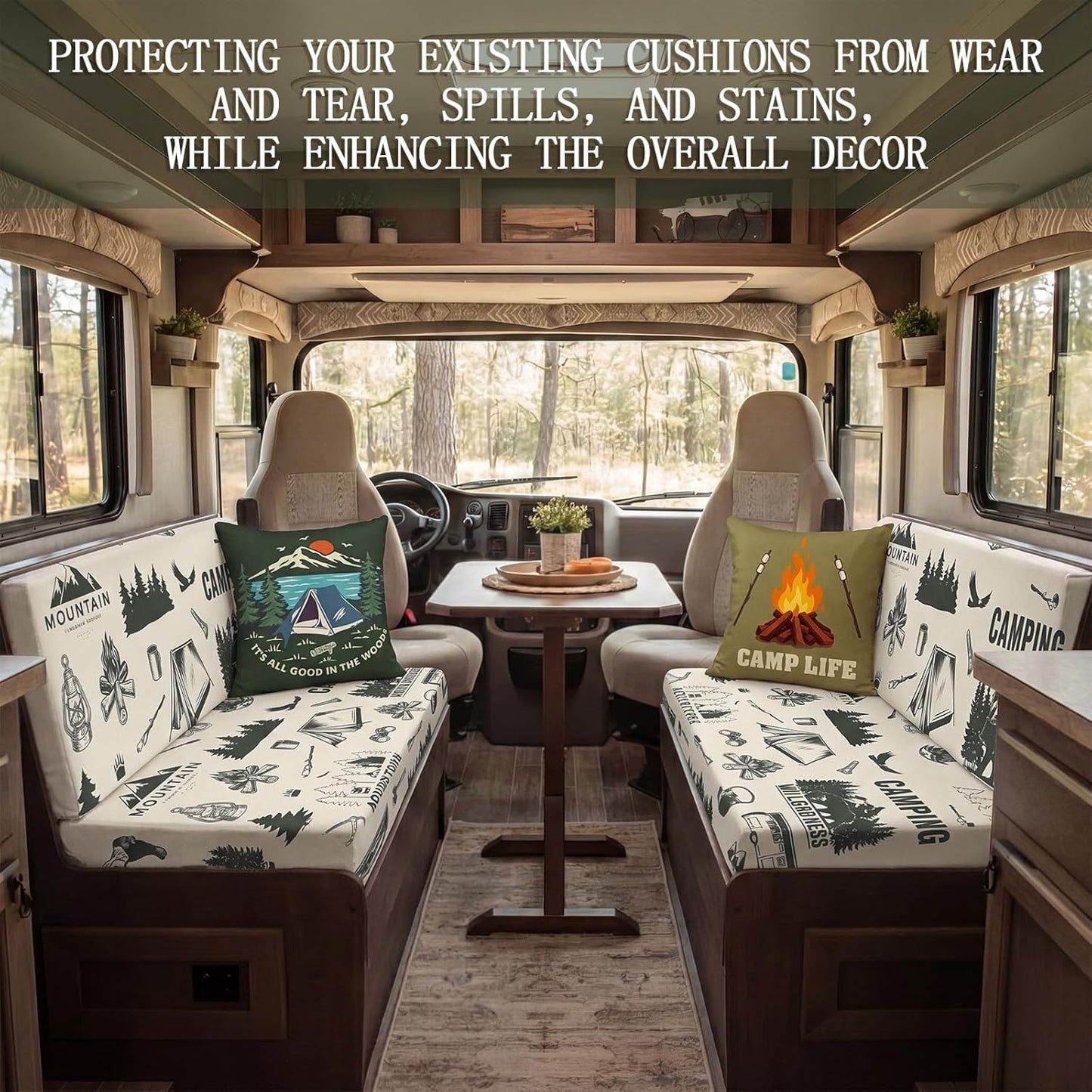 Tiamon RV Dinette Cushion Covers Set - 6 Pcs Camping Theme Cushion Slipcovers for Camper Car Bench Seat Replacement, 2 Pillowcase, 2 Backrest, 2 Bench Cover(Fabric,Green Camp)