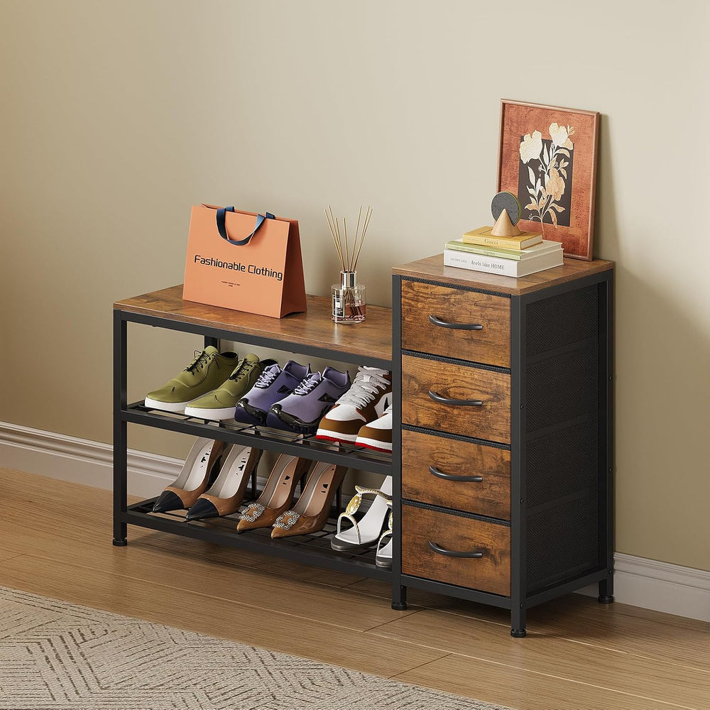 EXOTICA Industrial Shoe Storage Bench with 4 Drawers & Seat, Rustic Brown